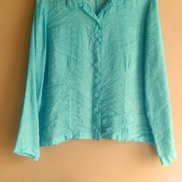 Habitat Soft and Silky Aqua Long Sleeve Button Down Cupro Crinkle Blouse  -- M - Picture 3 of 7